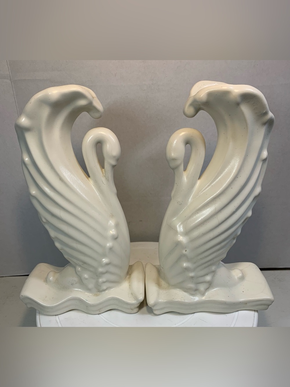 Vintage Pair of Off White Ceramic Swan 12.5” Tall Vases.               3350